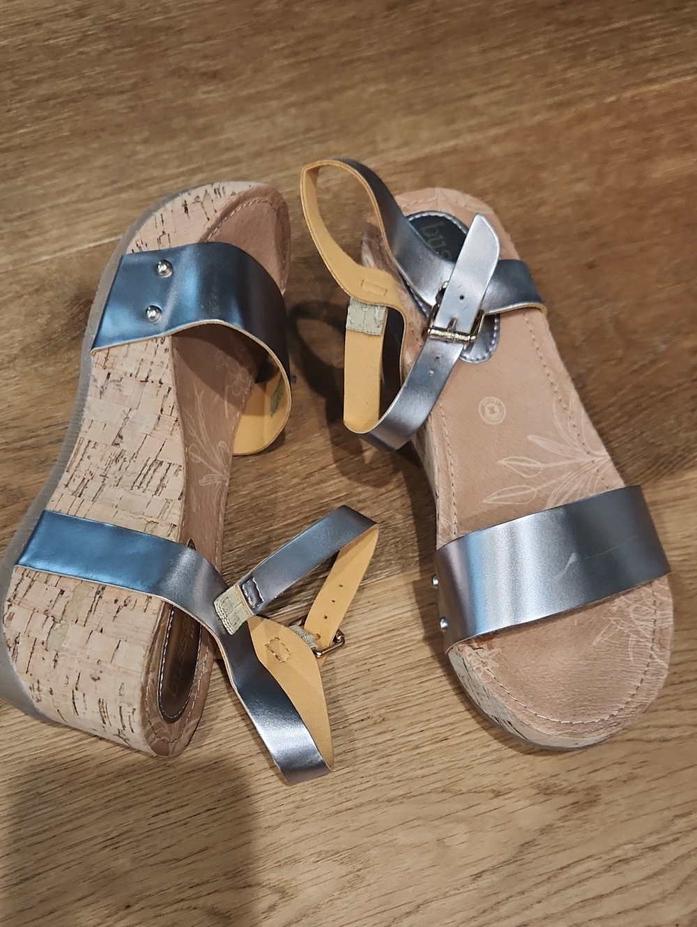 Women’s Metallic Silver Cork Wedge Sandals with Adjustable Ankle Strap